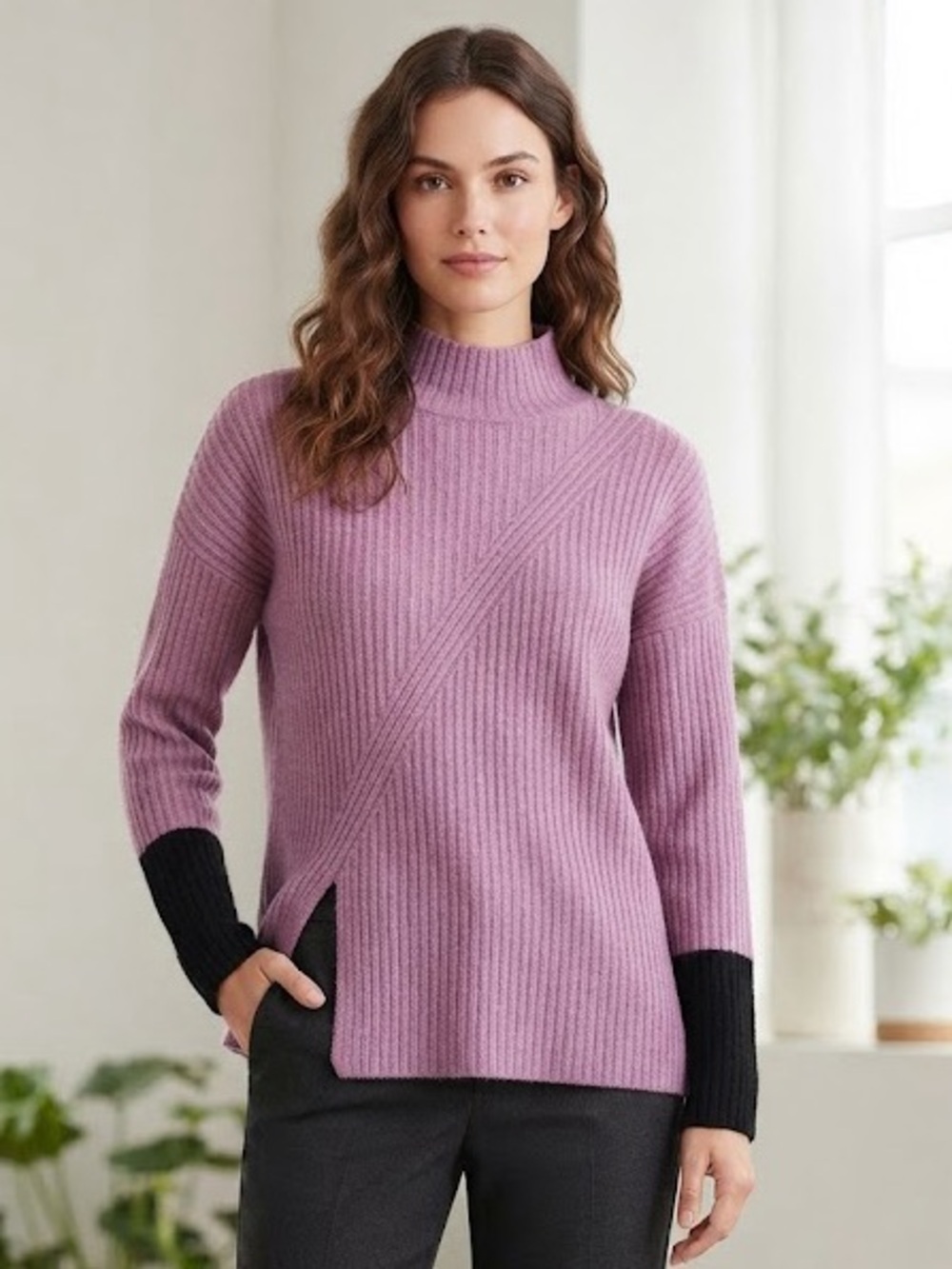 NIC+ZOE Ribbed Mock Neck Sweater with Black Cuff Detail S